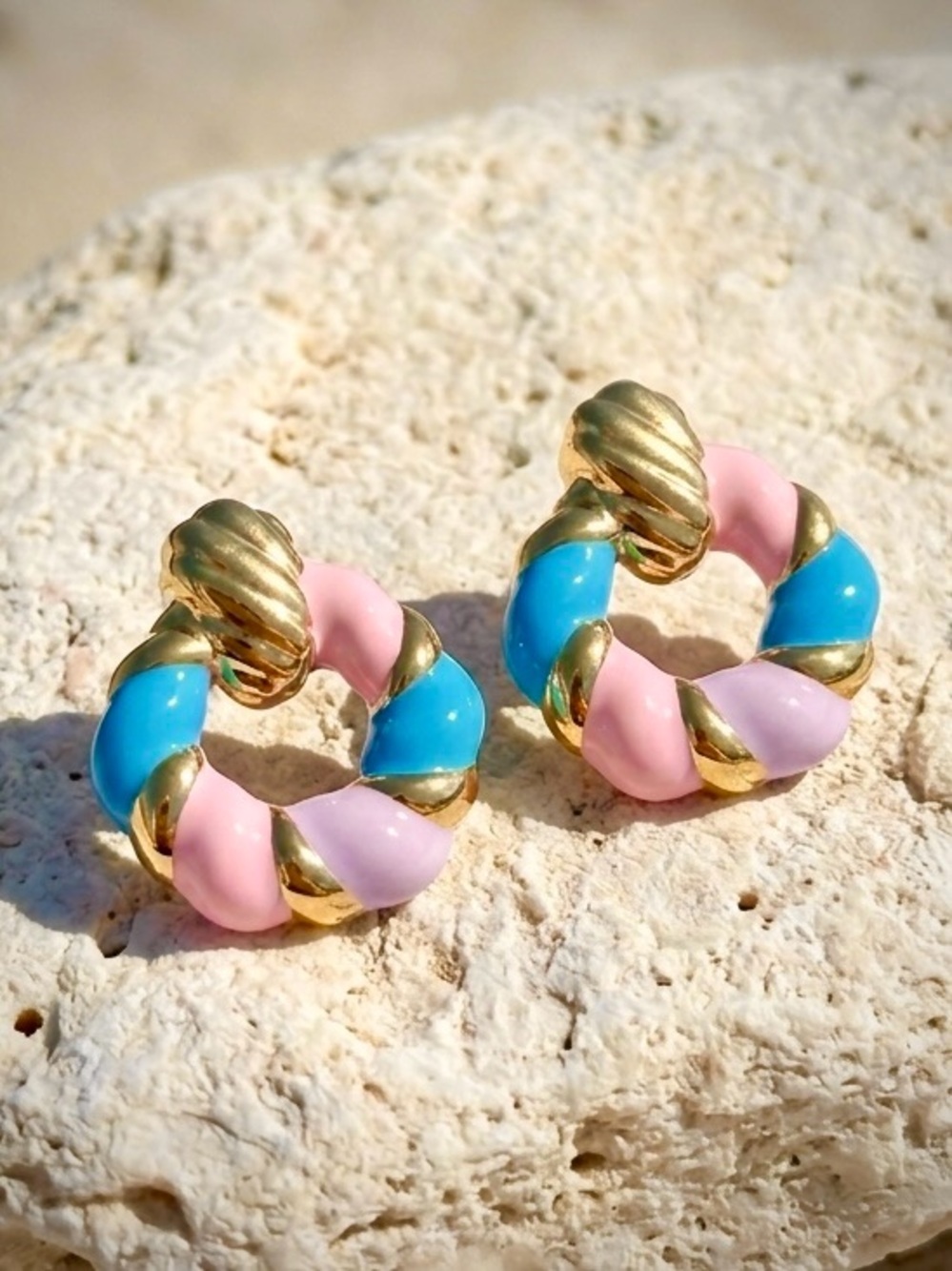 14K Gold Plated Pastel Multicolor Twisted Hoop Earrings | Lightweight Jewelry